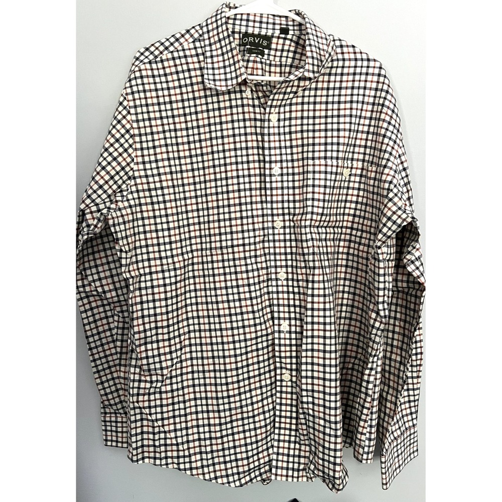 Orvis Shirt Mens XL Trim Fit Plaid Button Down Long Sleeve Red Blue Check